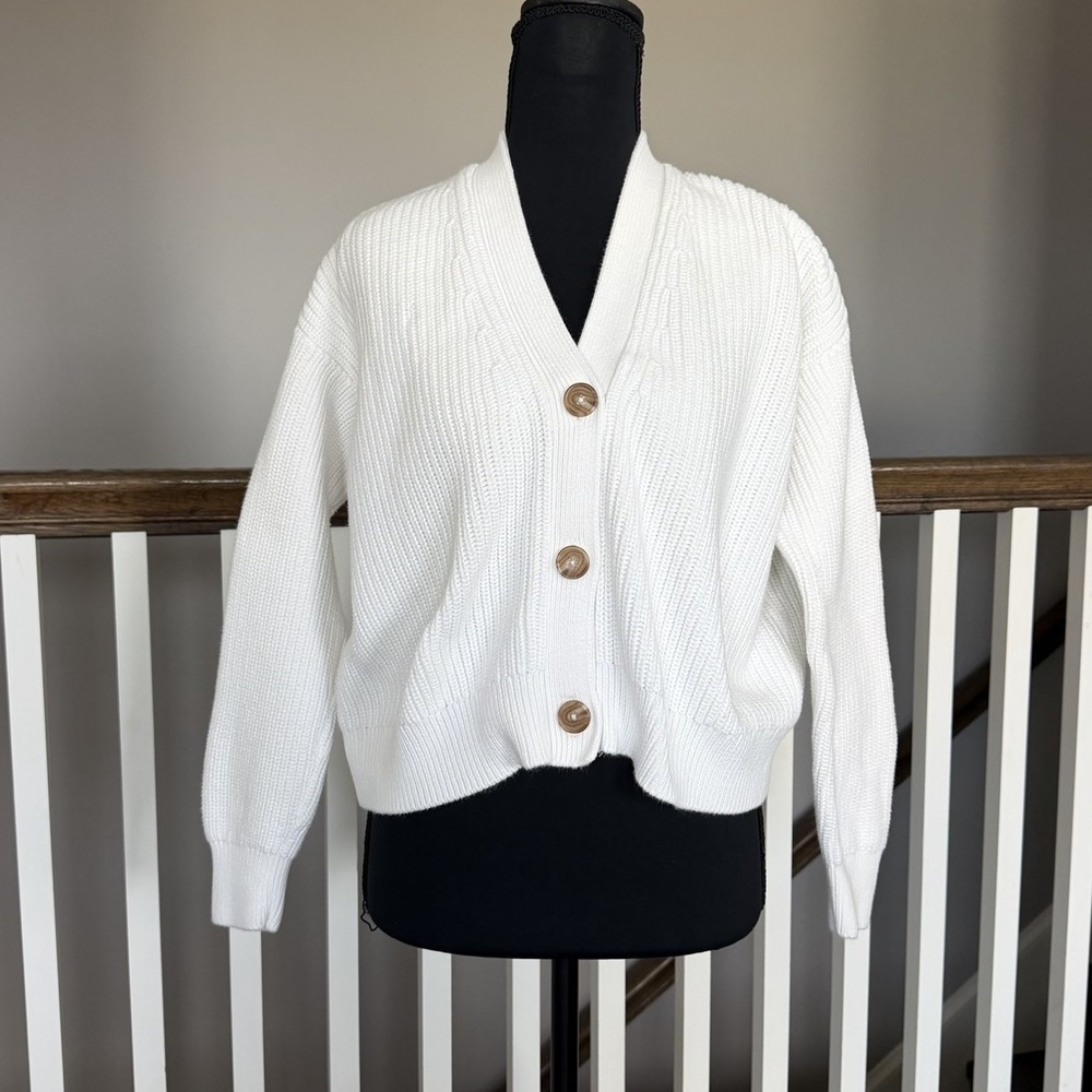 Quince Women 100% Organic Cotton Fisherman Boxy Cropped Cardigan White XS